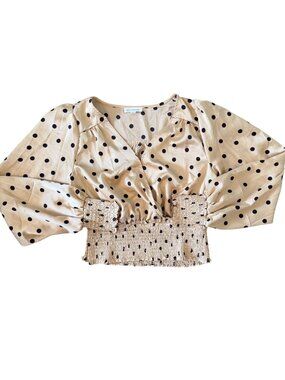 Blu Pepper Polka Dot Wide Smocked Waist Cropped Blouse M
